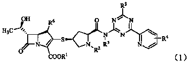 Penem derivative containing sulfhydryl pyrrolidine formamido triazine