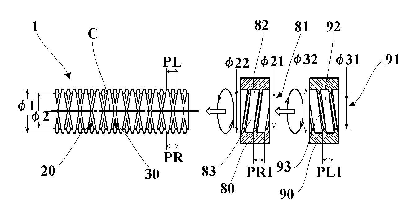 Double-end threaded body and internally-threaded body