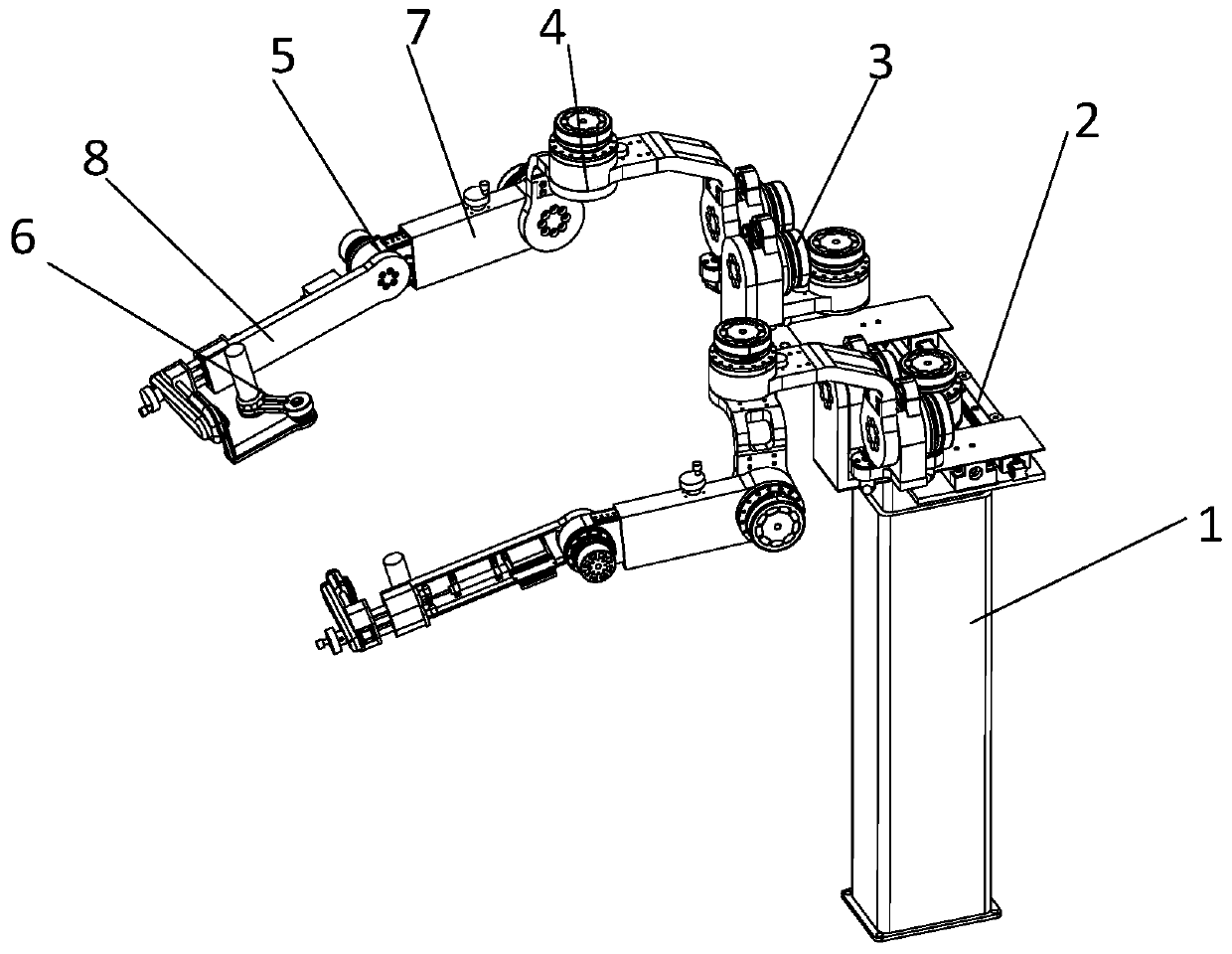 Eight-degree-of-freedom upper limb rehabilitation training arms and device