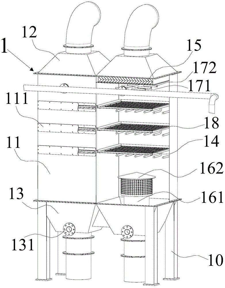 Treatment tower, equipment and system for purifying dust exhaust gas