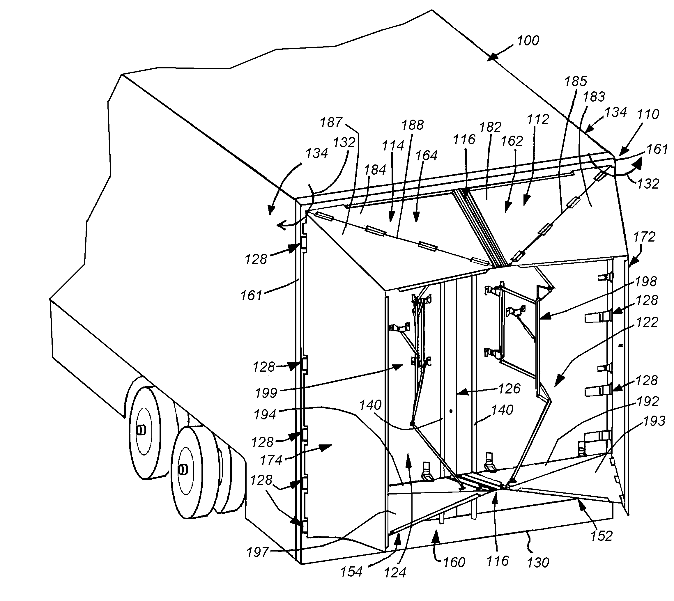 Rear-mounted aerodynamic structure for truck cargo bodies