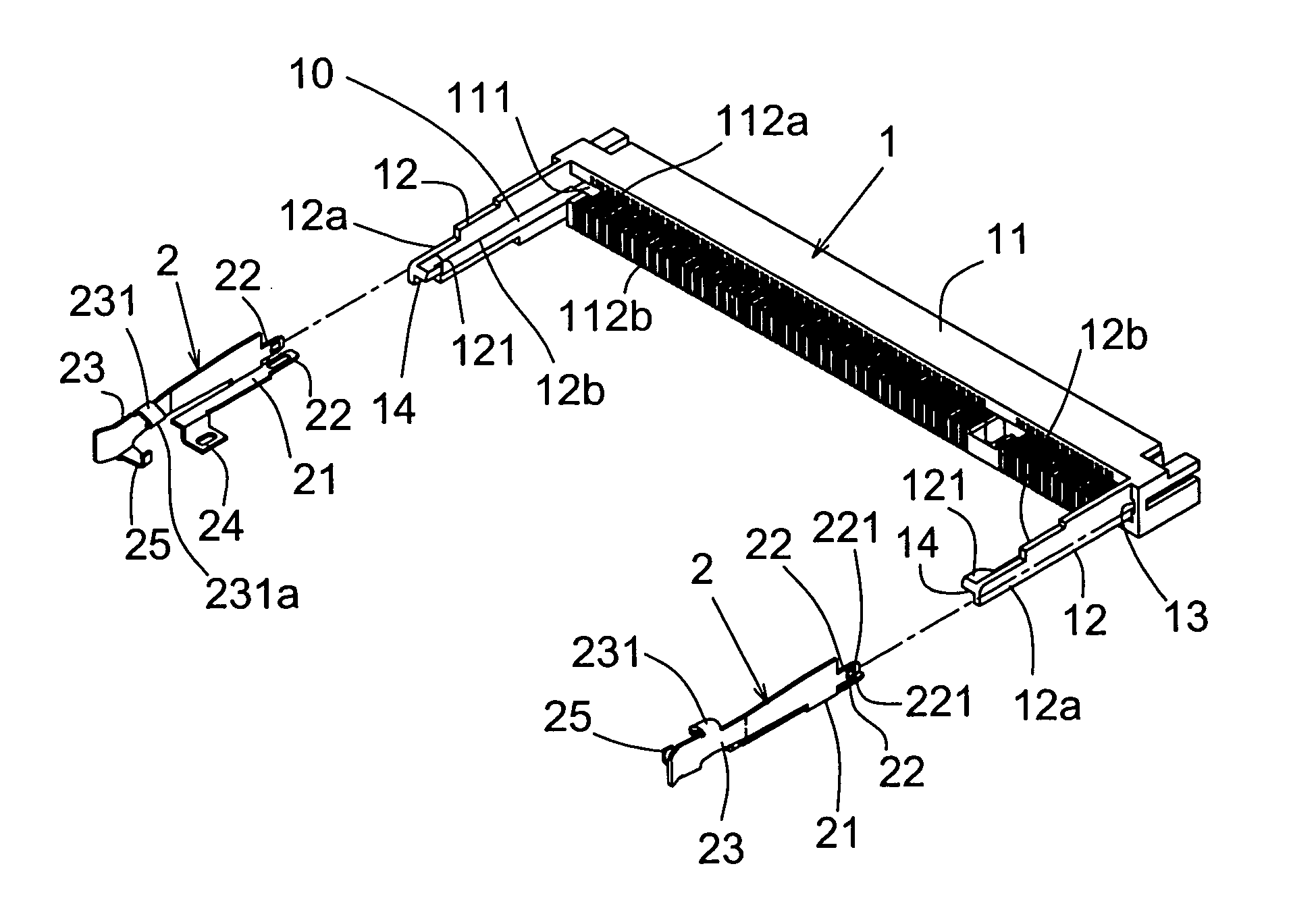 Electronic card connector with fixed lateral arms