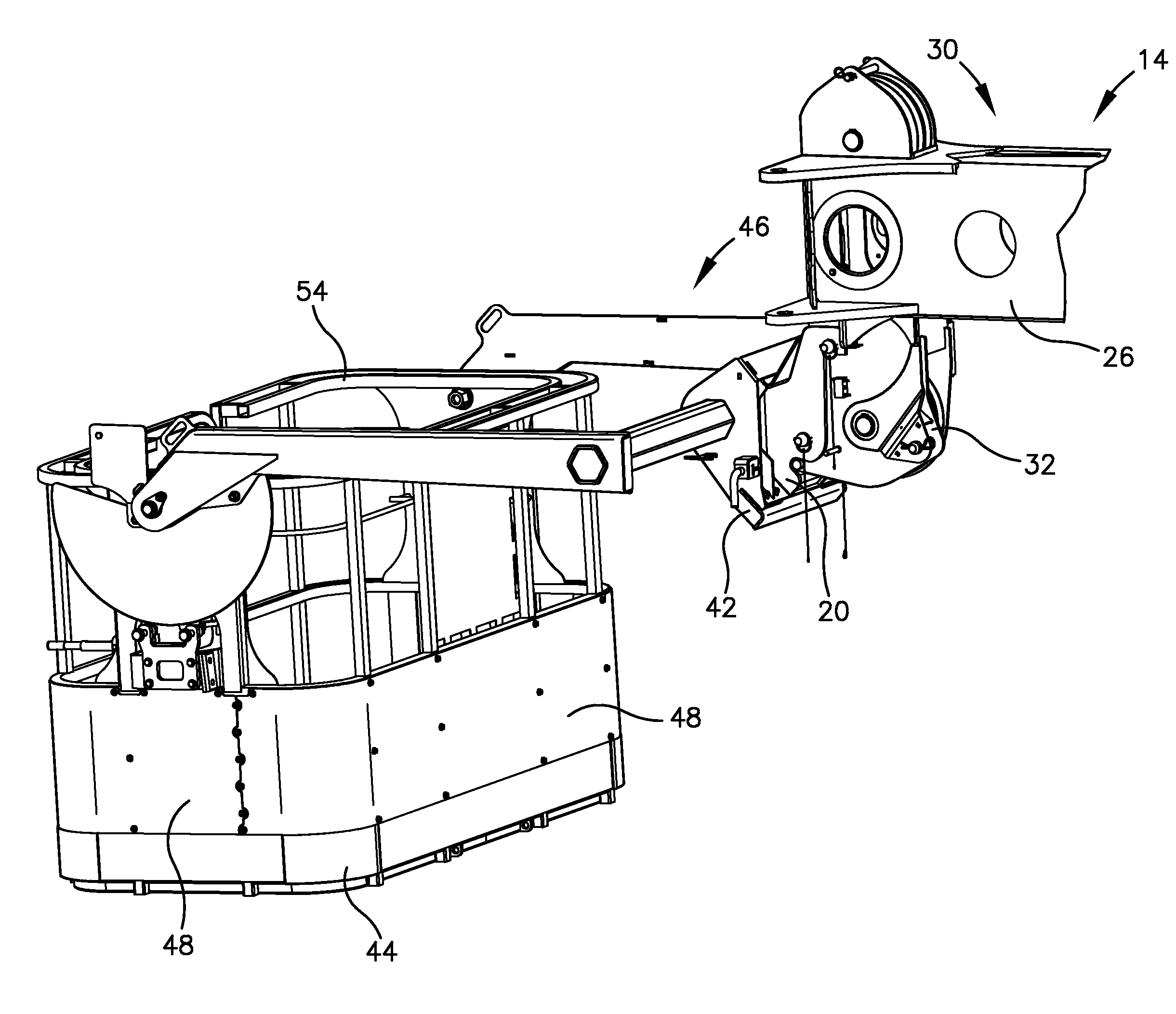 Aerial device with quick-coupling implement