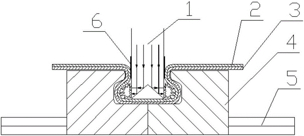 Board laser shocking riveting die, riveting system and laser shocking riveting method