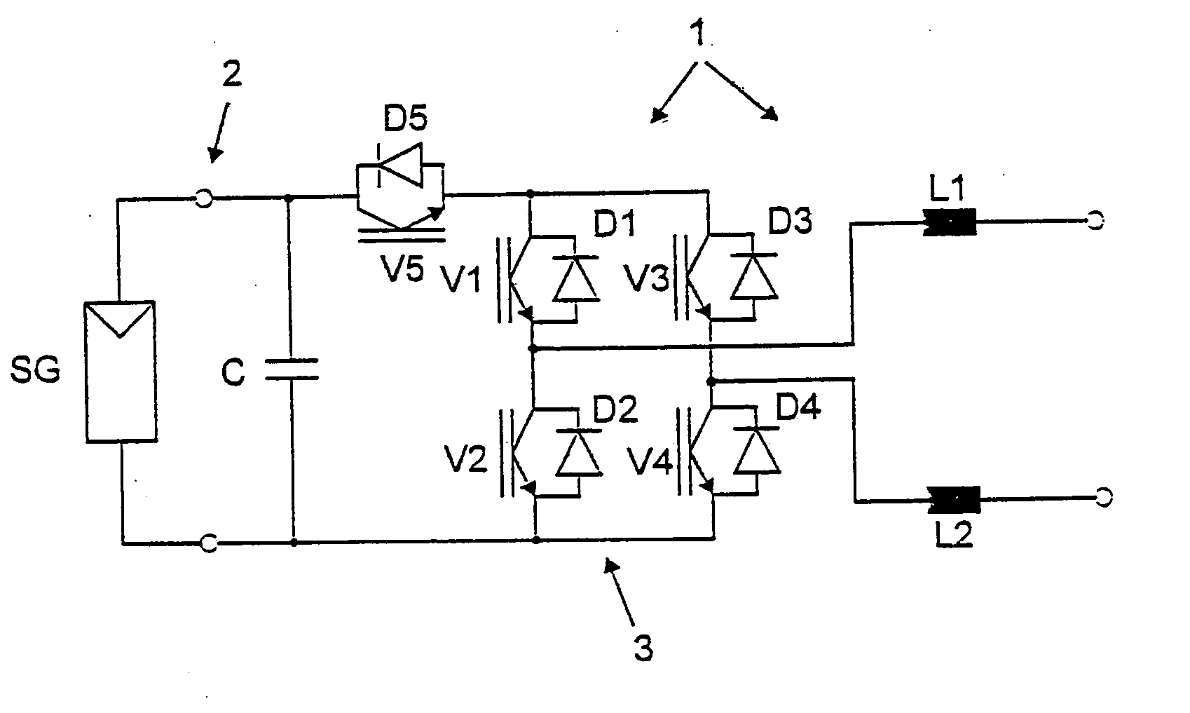 Method of converting a direct current voltage from a source of direct current voltage, more specifically from a photovoltaic couse of direct current voltage, into a alternating current voltage