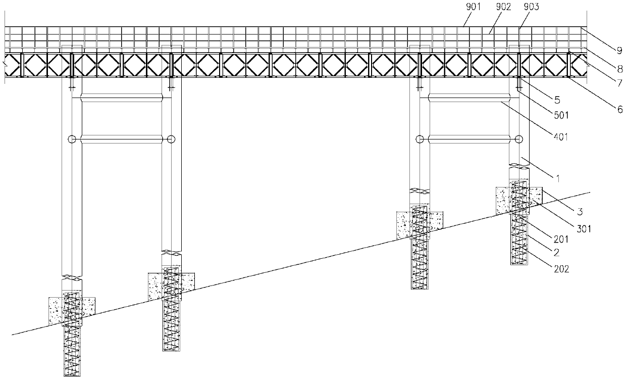 A steel trestle bridge in deep water, high flow rate, exposed high-strength steep rock sea area and its construction method