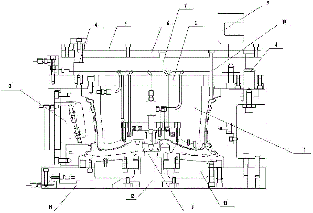 Water-cooled die casting mold for manufacturing aluminum alloy wheel hub