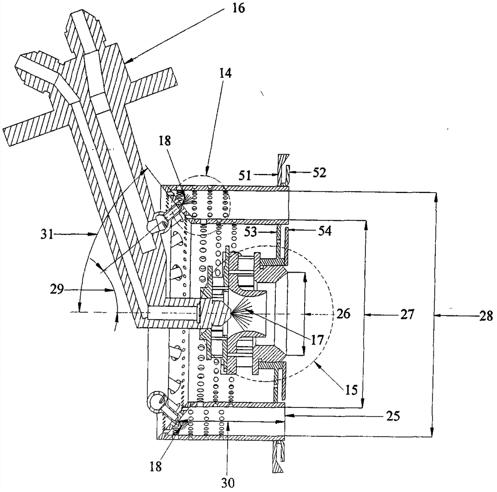 Low-emission combustion chamber with main combustible stage head part multi-point slant oil taking