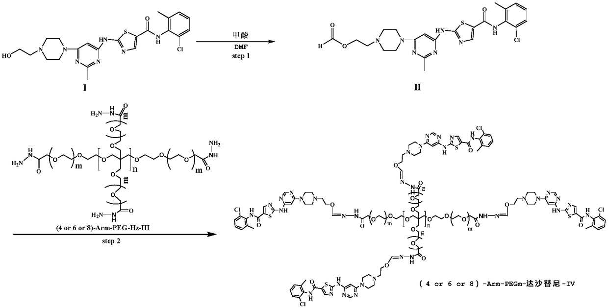 Multi-arm PEGylated dasatinib derivative and preparation thereof