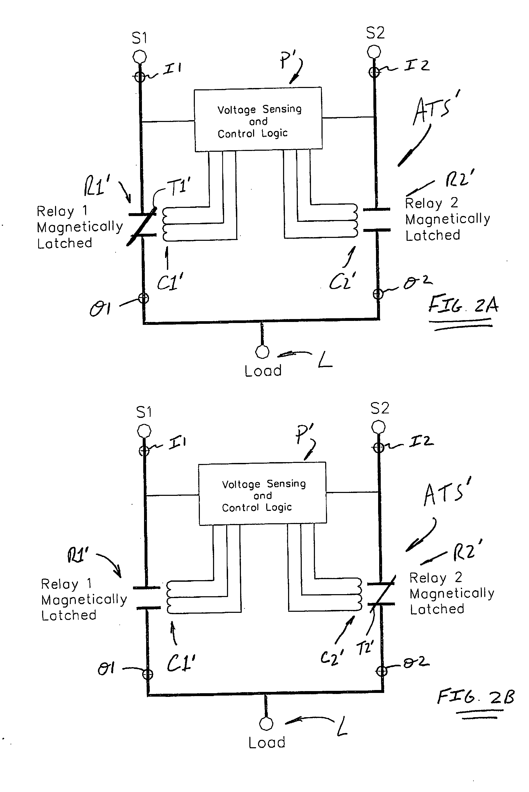 Method and apparatus for transfer of a critical load from one source to a back up source using magnetically latched relays