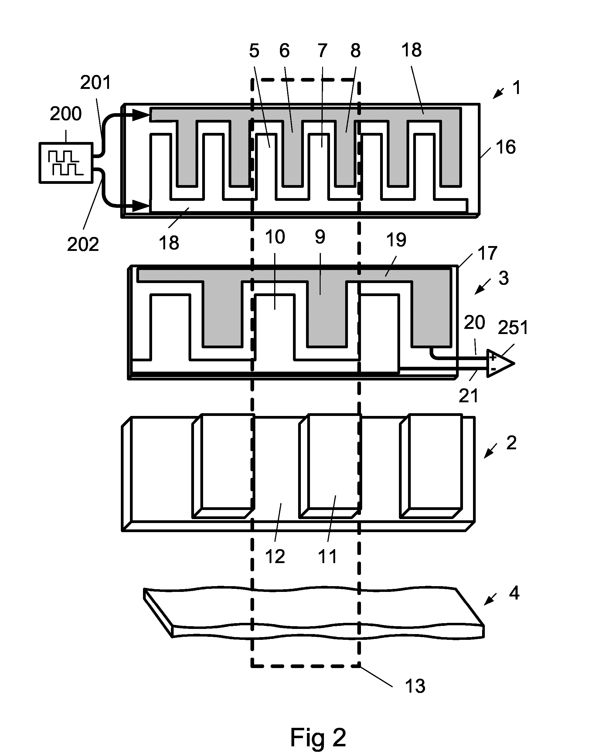 Two Dimensional Layout, High Noise Immunity, Interleaved Channels Electrostatic Encoder