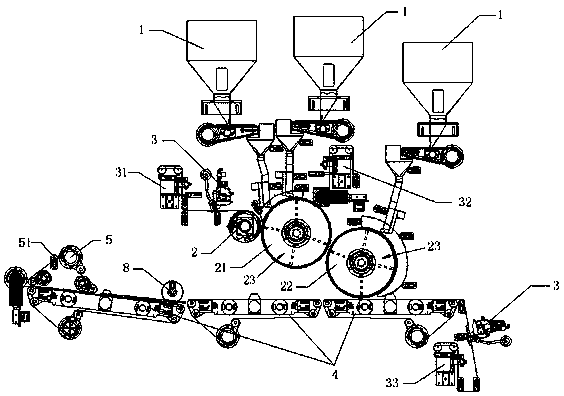 On-line production line for producing water absorption core bodies of sanitation supplies