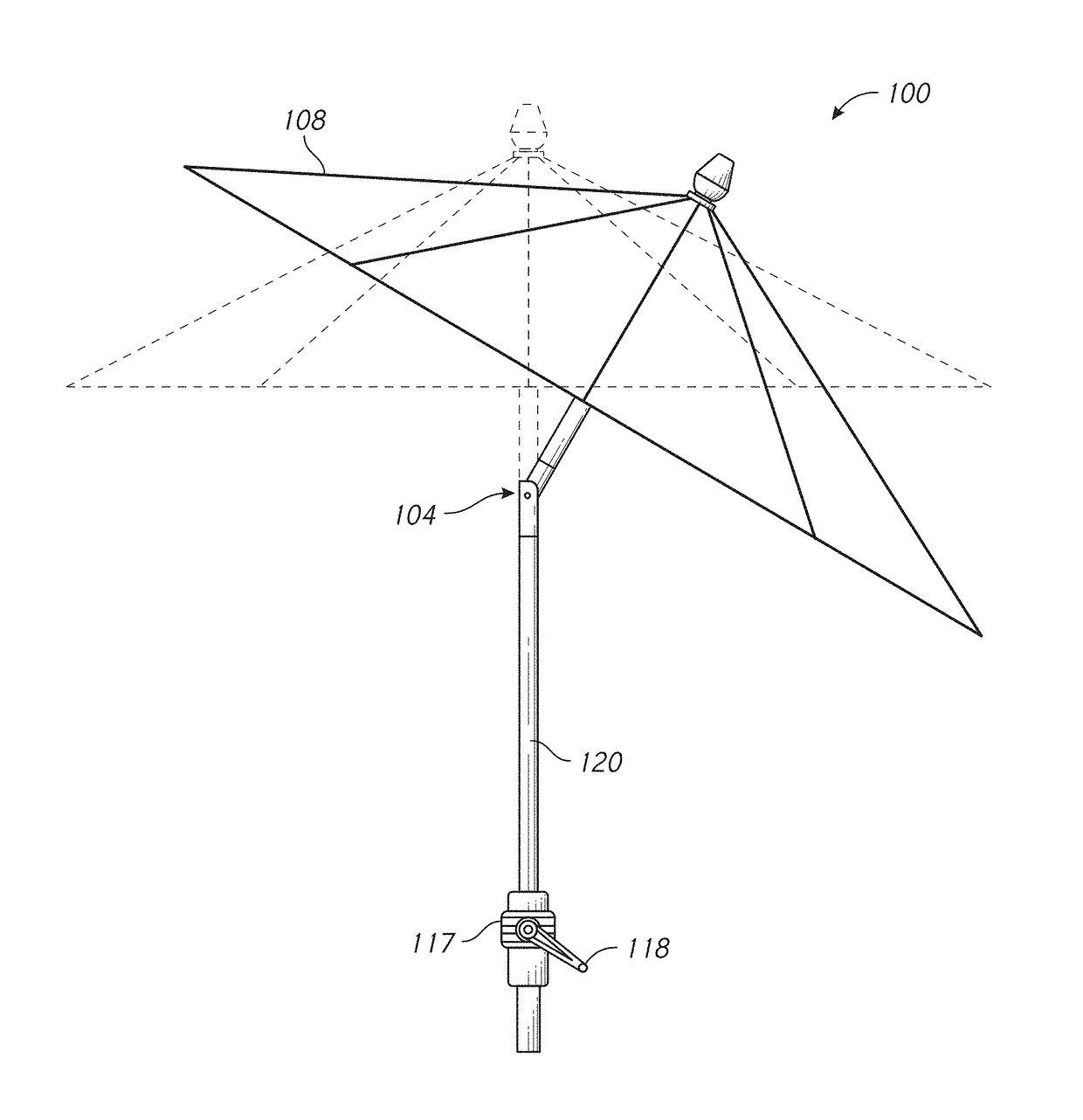 Tiltable umbrella with removable guide track