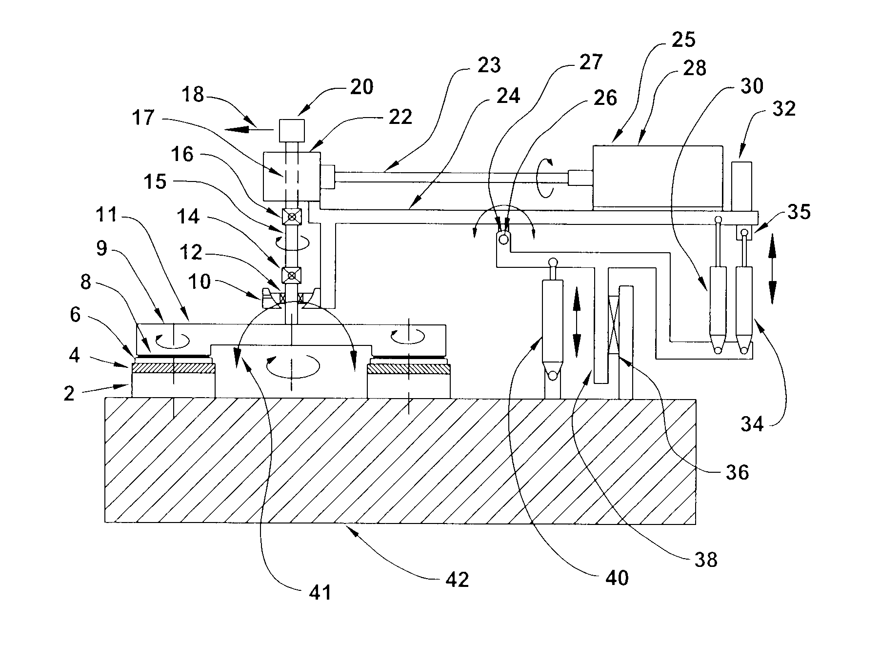 Pivot-balanced floating platen lapping machine