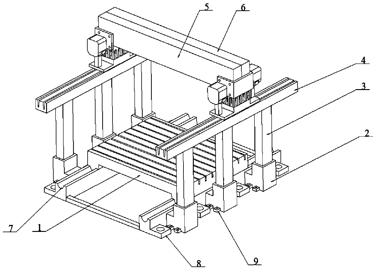 A moving beam locking device for a gantry five-axis machine