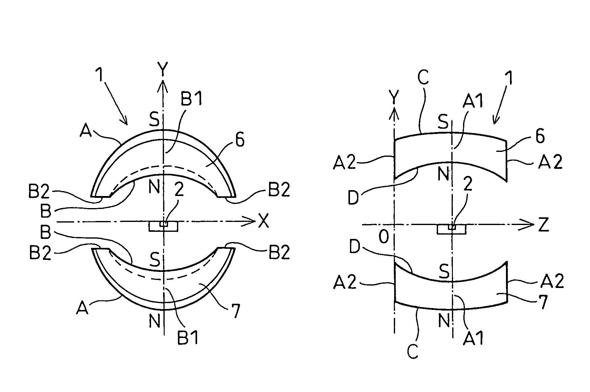 Rotation angle detecting device including magnetic member with concave surface