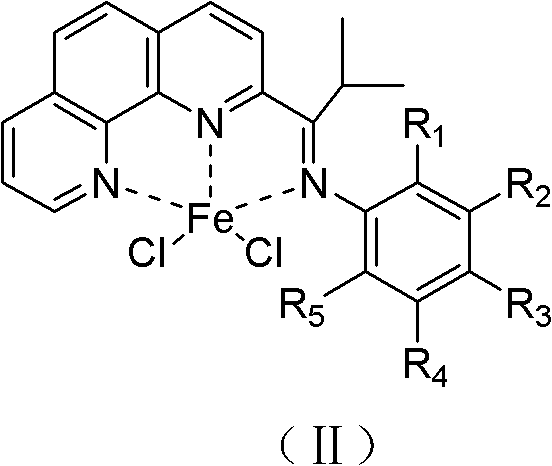 Ethylene oligomerization catalyst composition containing 1, 10-phenanthroline amino-iron (II) complex substituted by formyl or isobutyryl