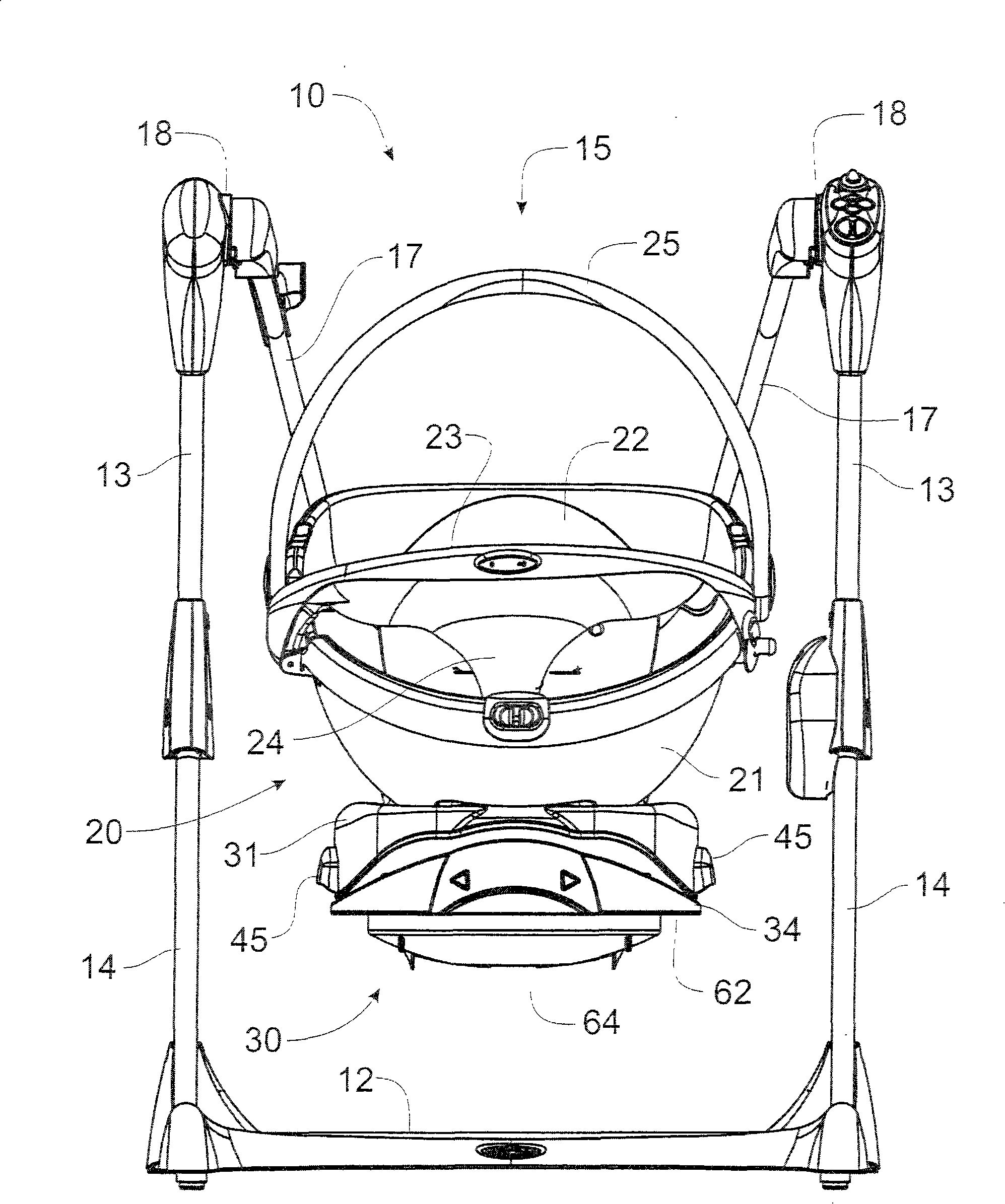 Lift off child swing with recline and swivel