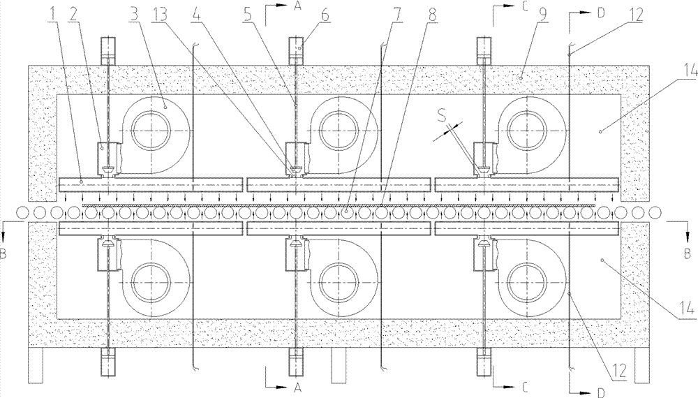 Heating device for flat glass