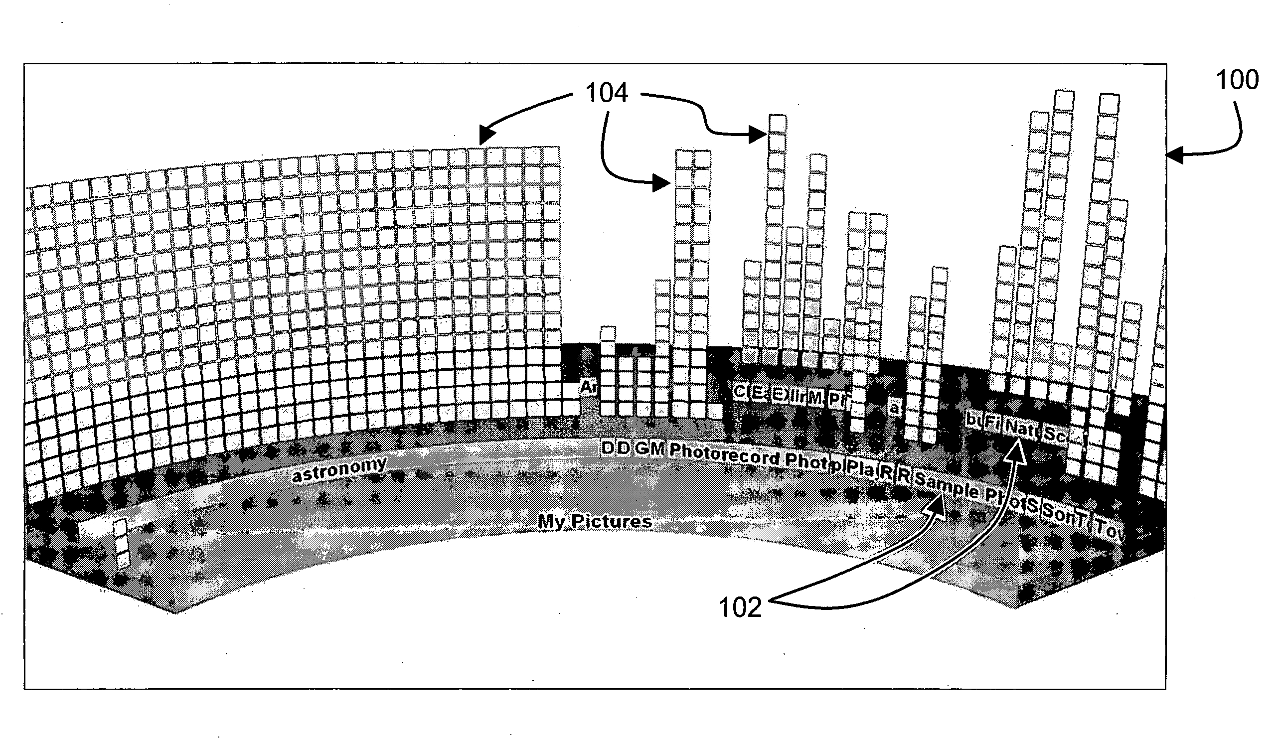 Radial, three-dimensional hierarchical file system view