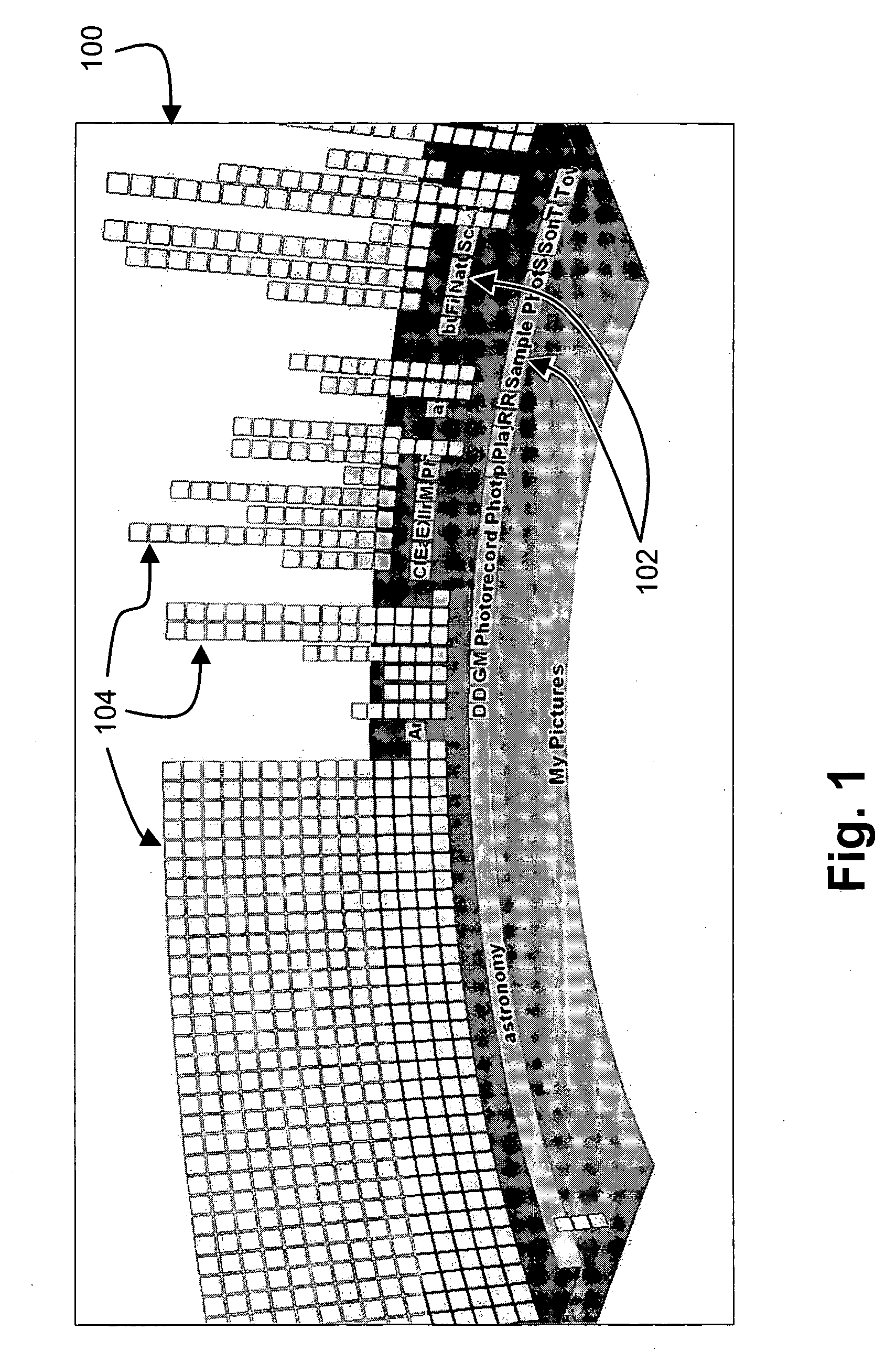 Radial, three-dimensional hierarchical file system view