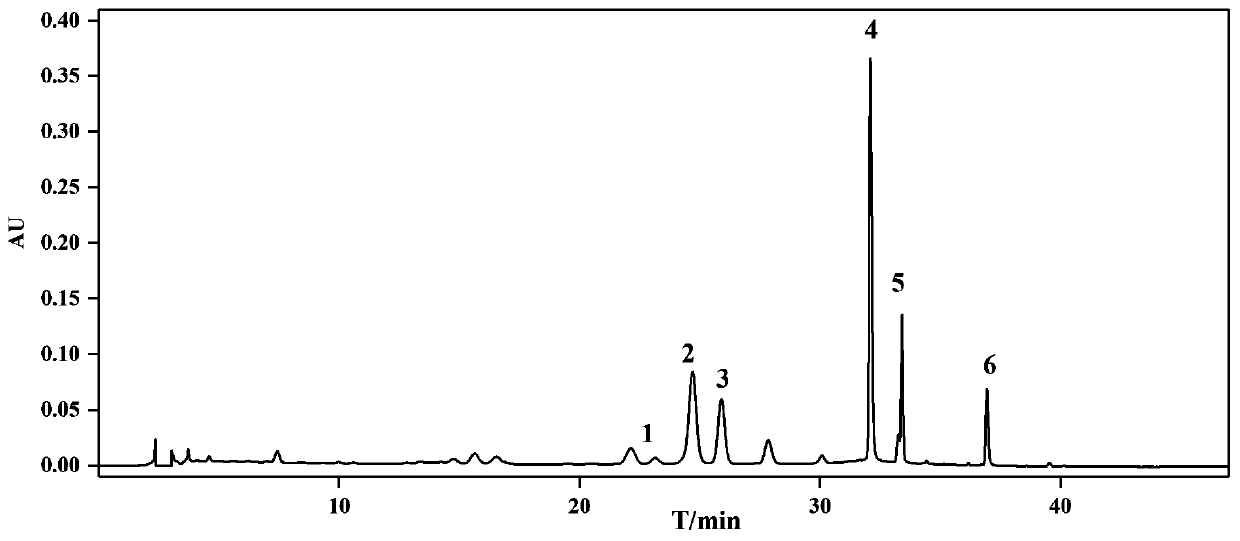 Method for simultaneously separating and purifying 6 flavonoid compounds from hibiseu manihot flowers