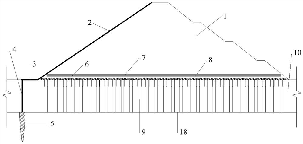 Concrete face rockfill dam soft foundation reinforcing structure and construction method