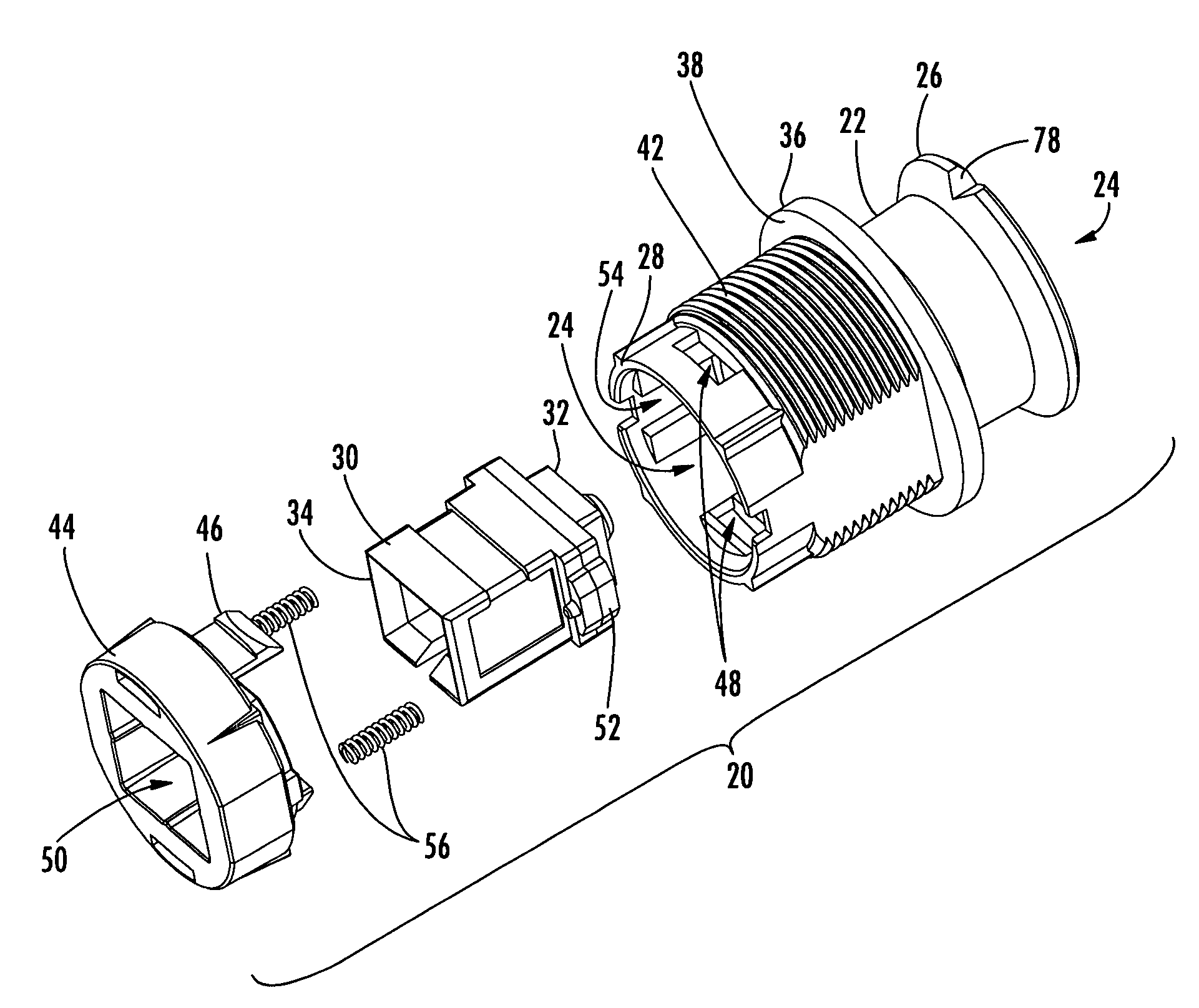 One-piece fiber optic receptacle having chamfer and alignment ribs