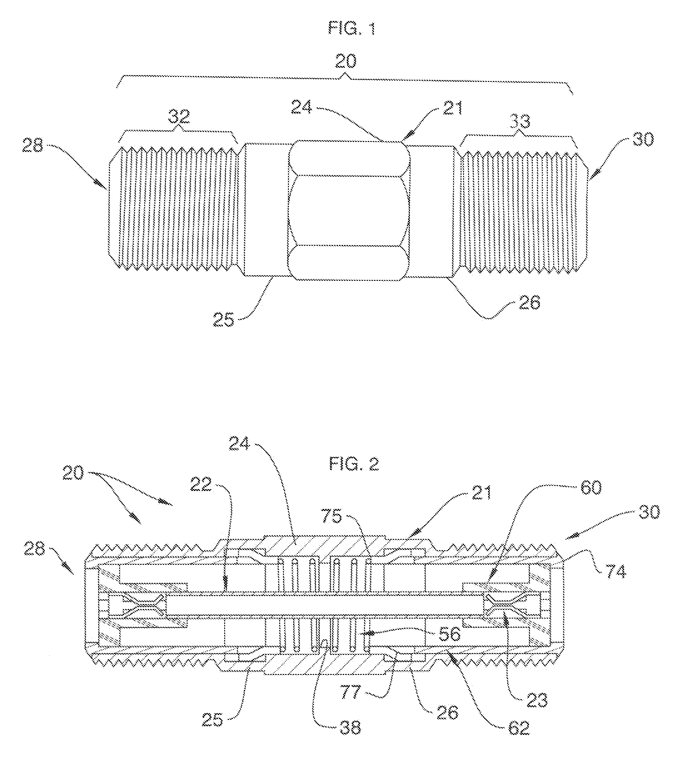 Coaxial Barrel Fittings and couplings with Ground Establishing Traveling Sleeves