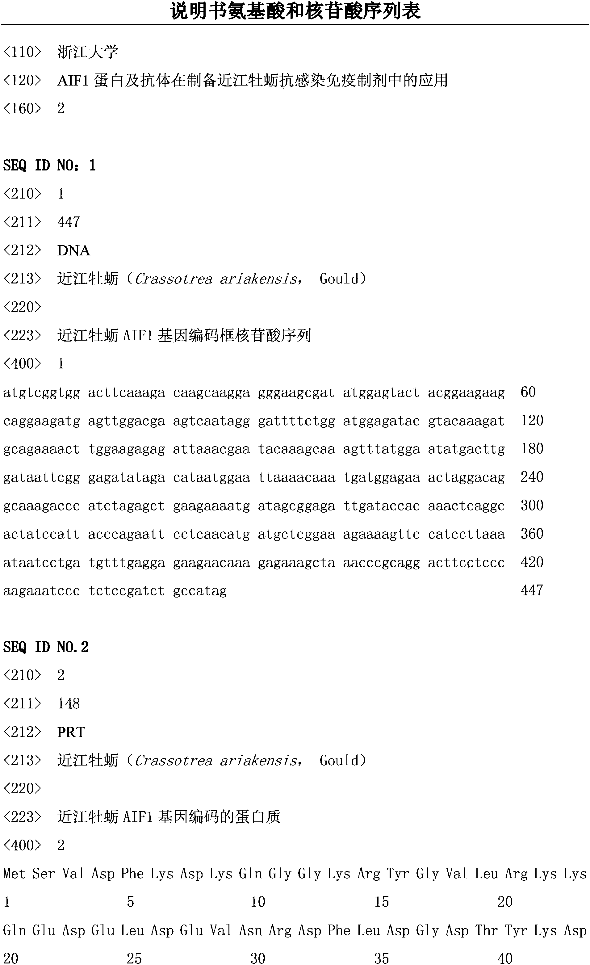 Application of AIF1 (Allograft Inflammatory Factor 1) protein and antibody to preparing southern oyster anti-infectious immune preparation