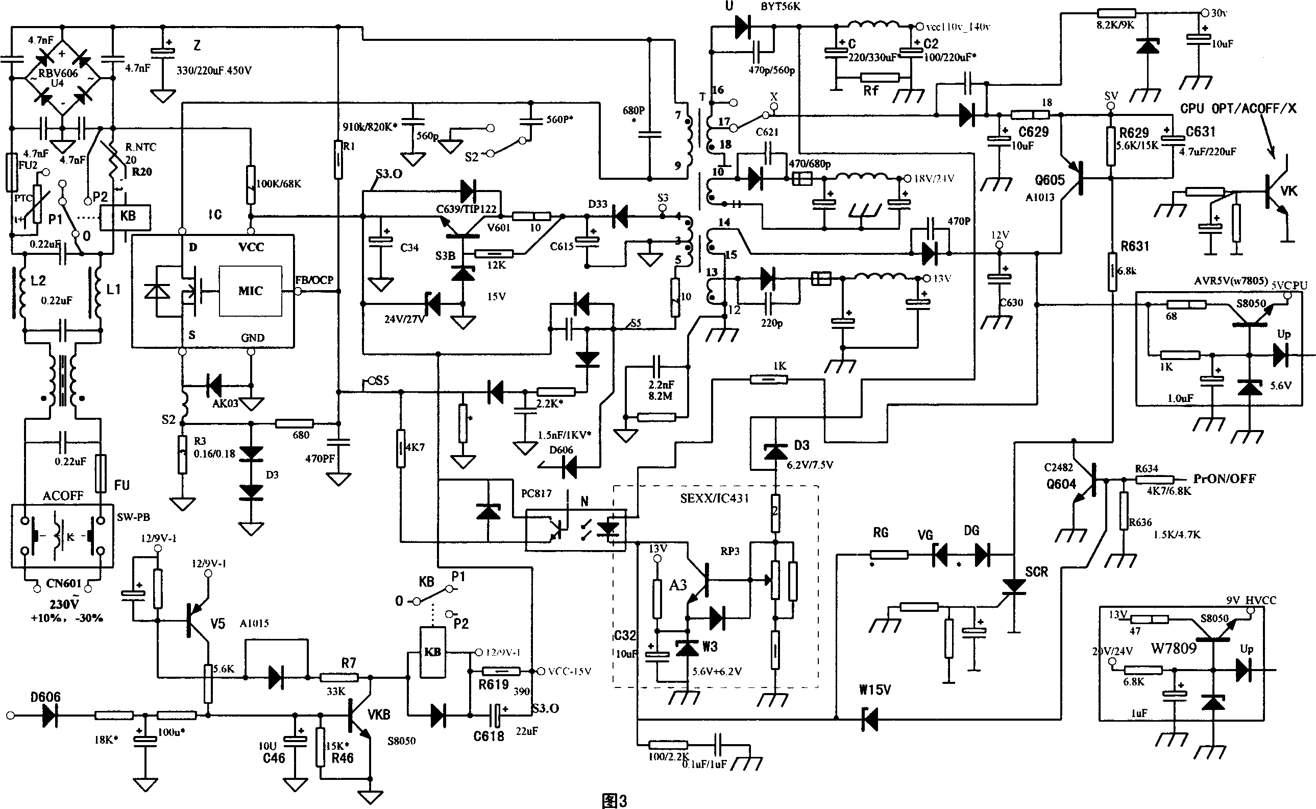 Device for demagnetizing clor TV set through automatic switchover and preventing overcurrent impulsion when turning on TV set