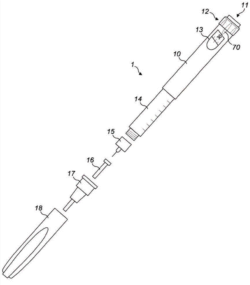 Pen-type drug injection device and electronic add-on monitoring module for monitoring and logging dose setting and administration