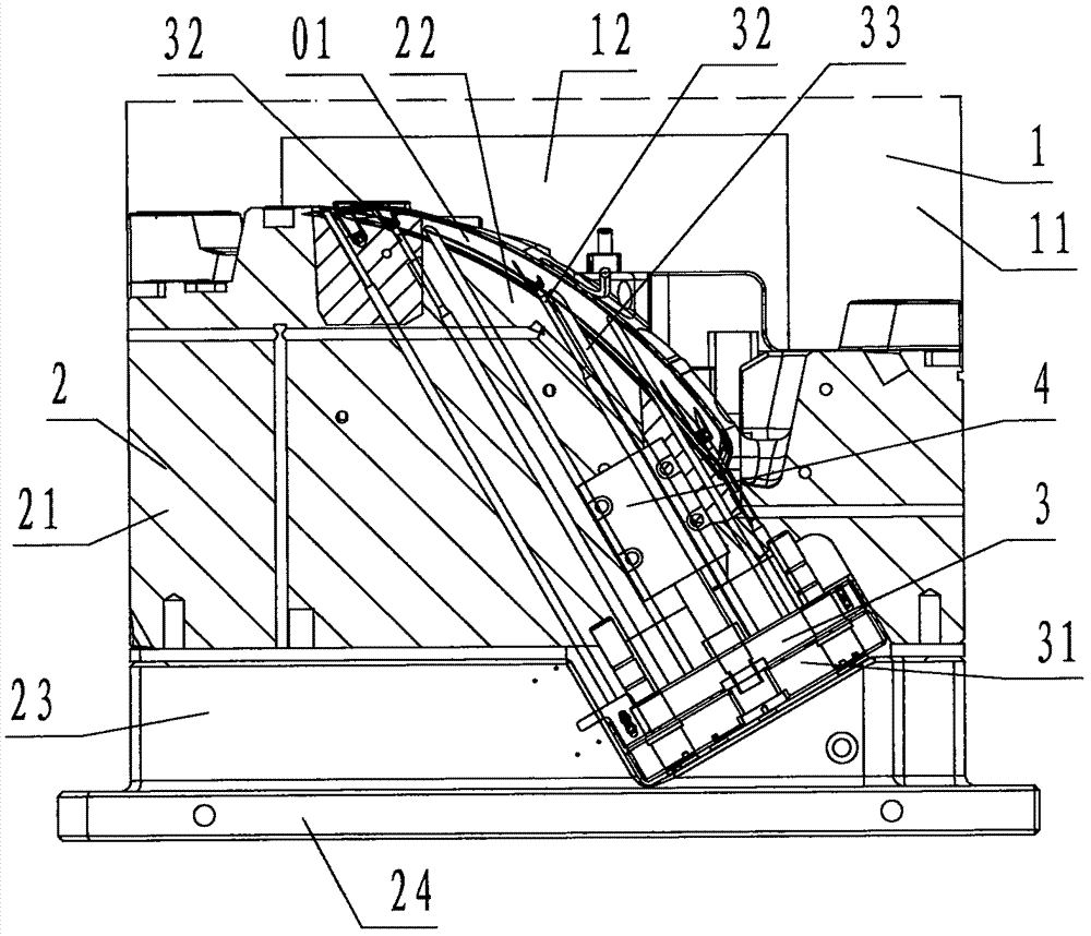 Injection molding mould for long-edge skew stud long curved sheet product