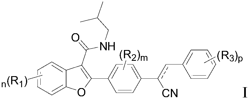 Preparation and application of 2-(4-substituted phenyl)-3-formamide benzofuranene cyanide compound