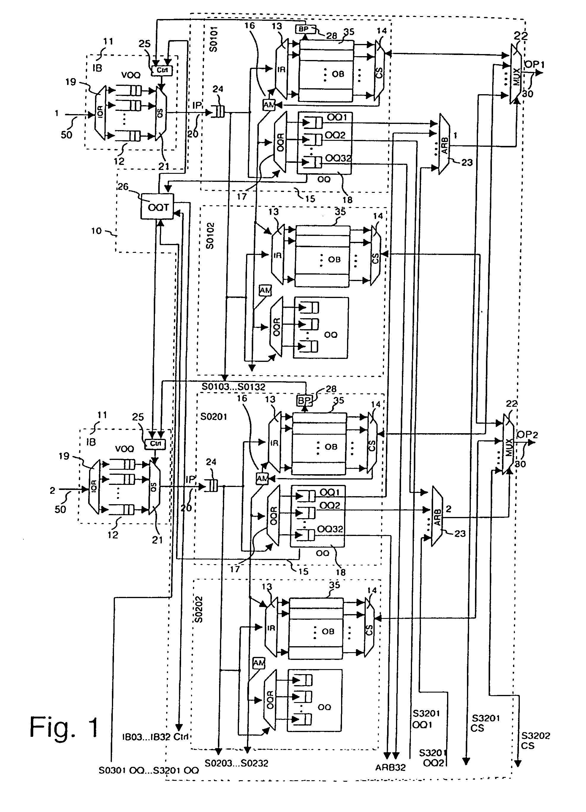 Switching arrangement and method with separated output buffers