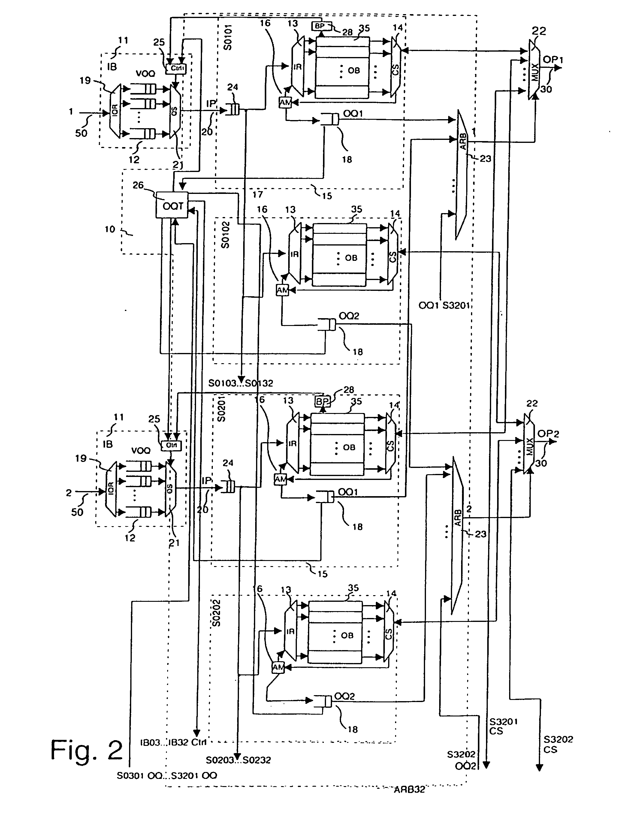 Switching arrangement and method with separated output buffers