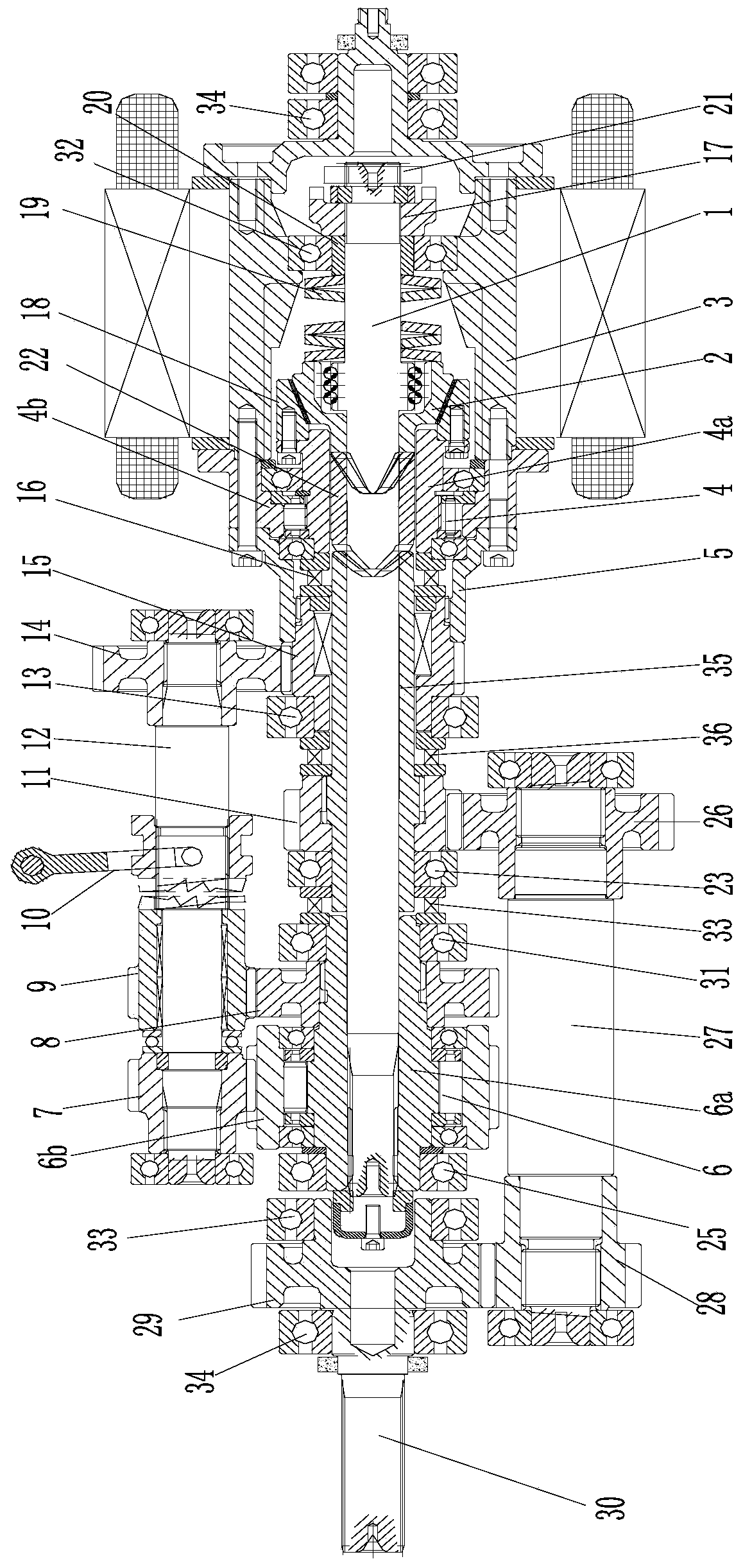 Double overrunning clutch mechanical shaft end output self-adaptive automatic speed change main shaft assembly