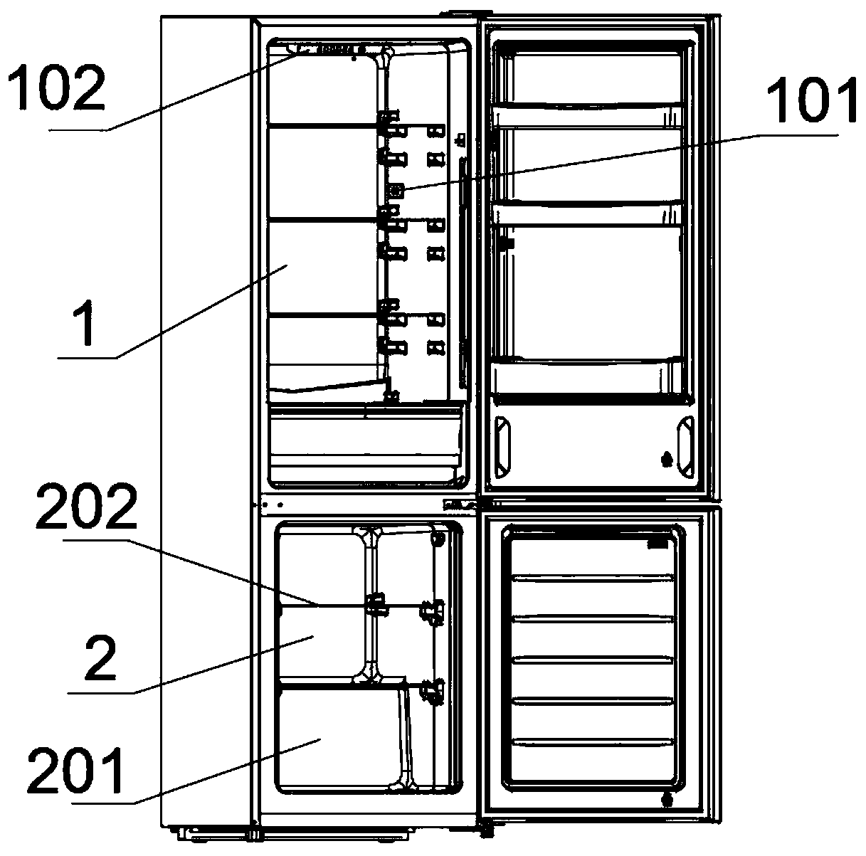 Upper-refrigerating and lower-freezing electric control direct-cooling micro-frost refrigerator and assembling method thereof