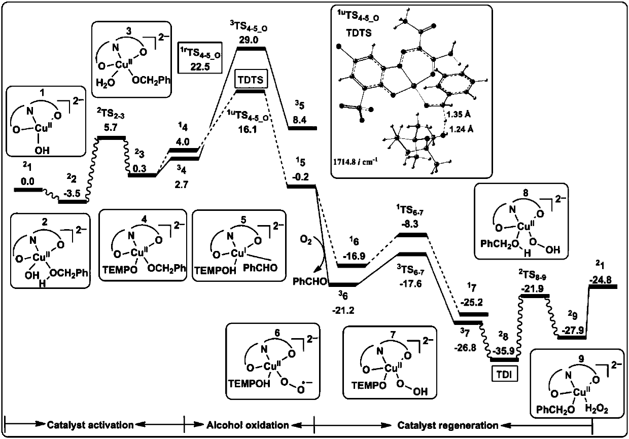 Reaction mechanism research and analysis method for amphoteric water-soluble catalyst aerobic oxidation of benzyl alcohol to benzaldehyde