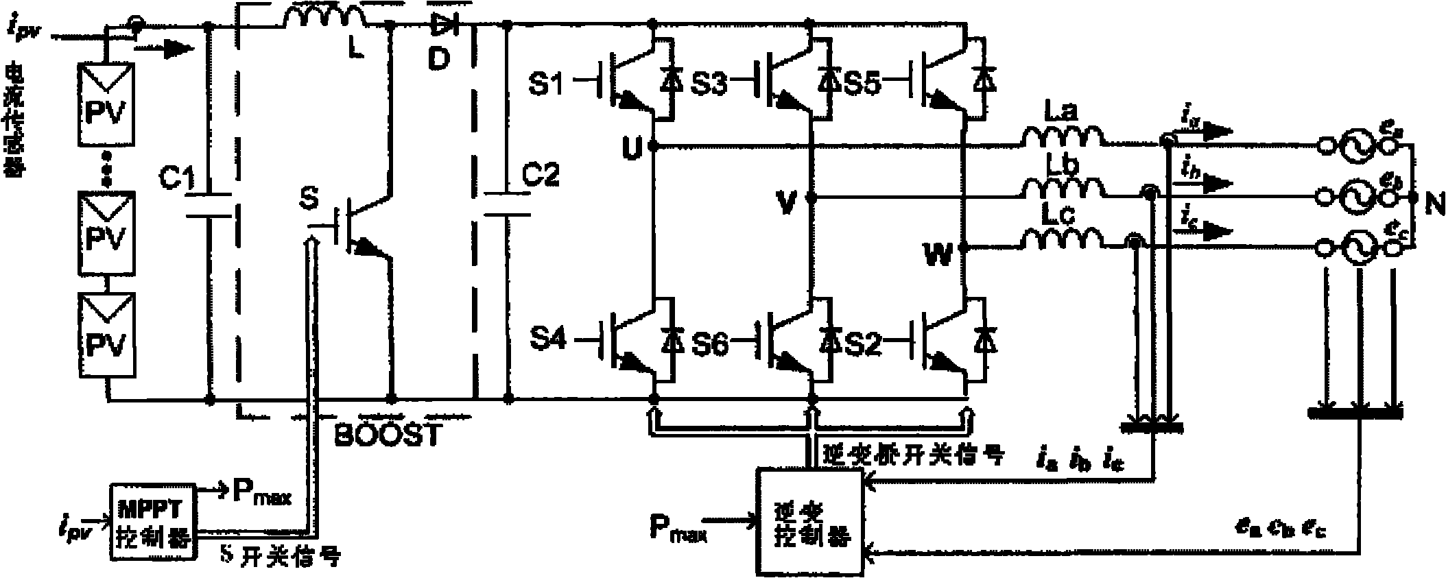 Two-stage three-phase photovoltaic grid-connected system without direct-current (DC) voltage sensor and control method of system