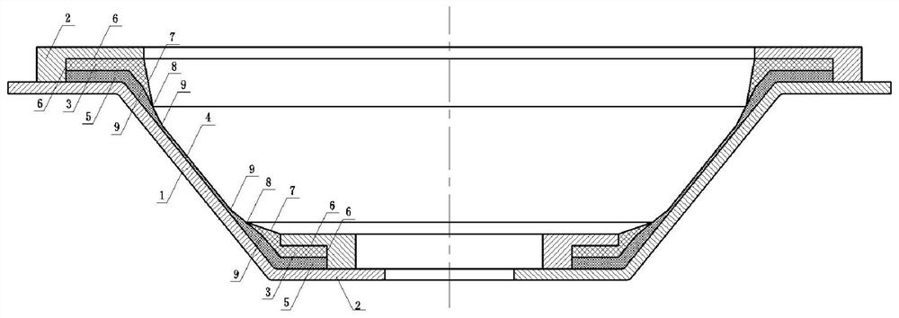 Composite conical section forming die pressurized by using soft die