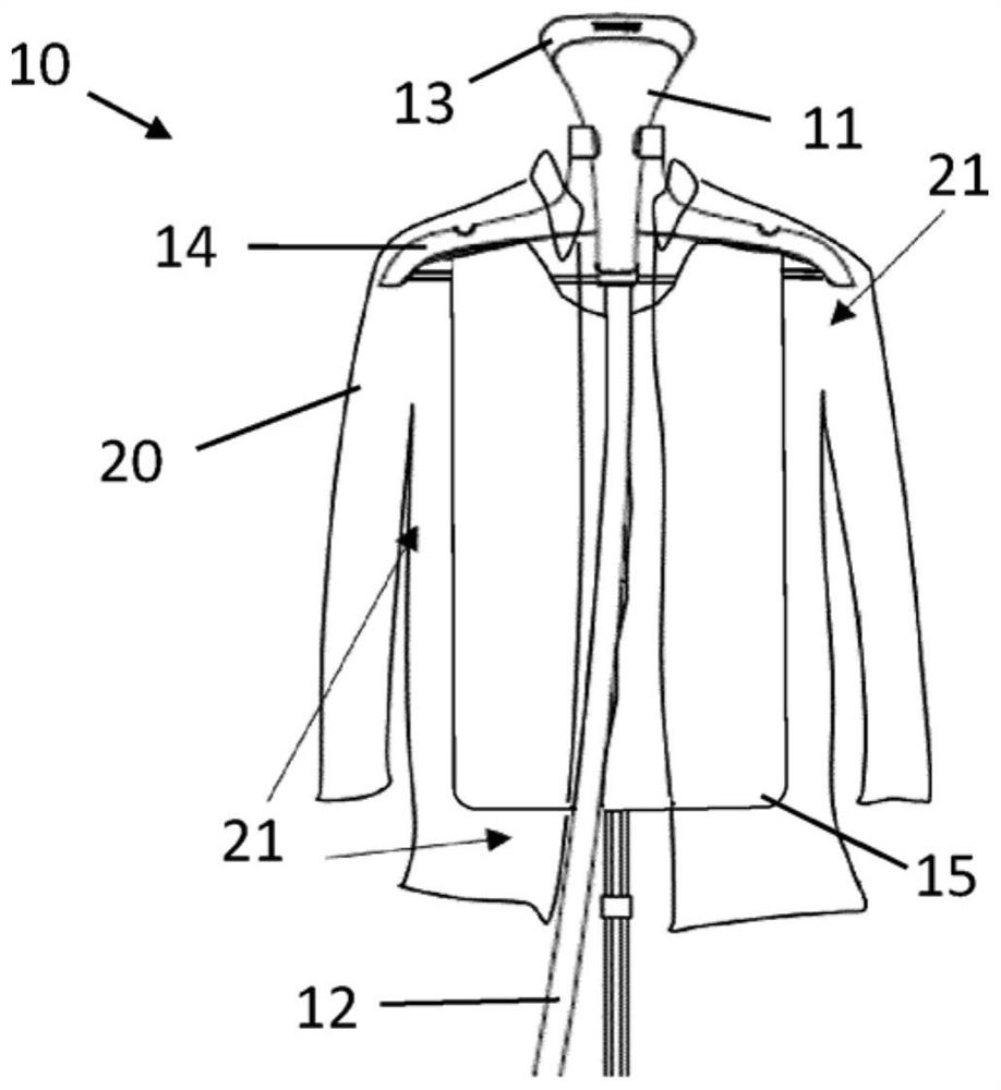 Garment steamer having a hanger movable relative to a stationary ironing board