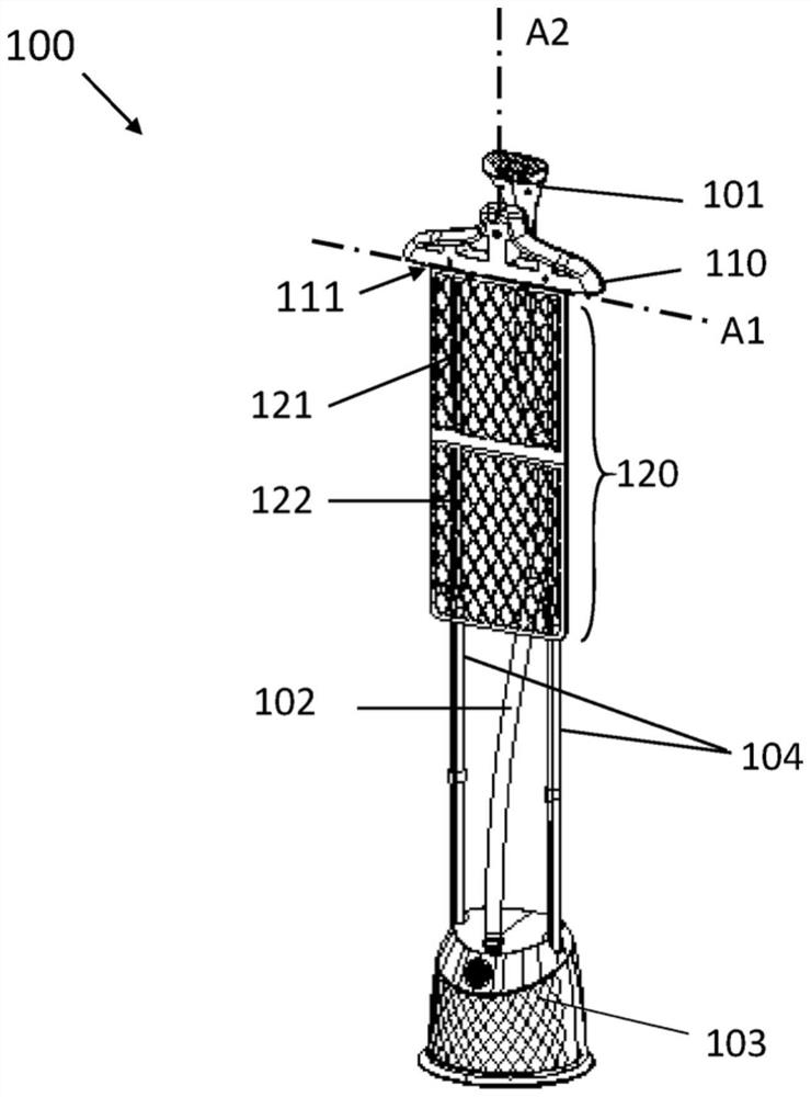 Garment steamer having a hanger movable relative to a stationary ironing board