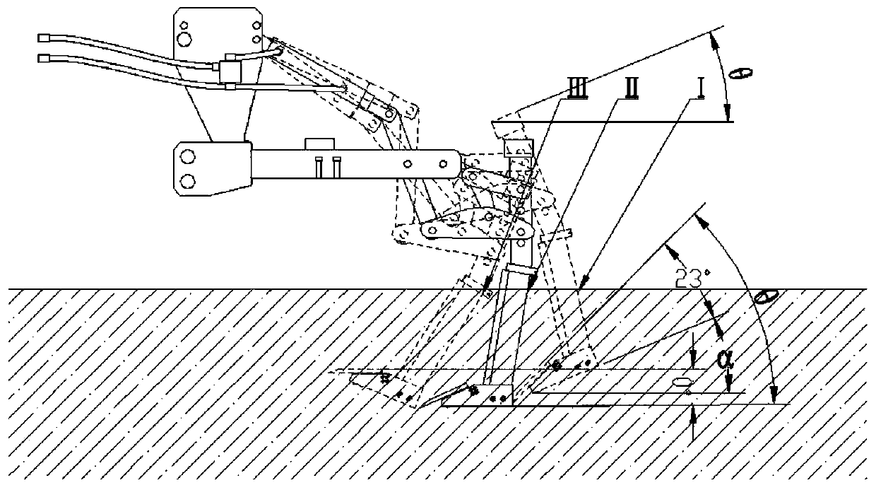 A subsoiling device for hydraulic excitation overload protection with controllable entry angle