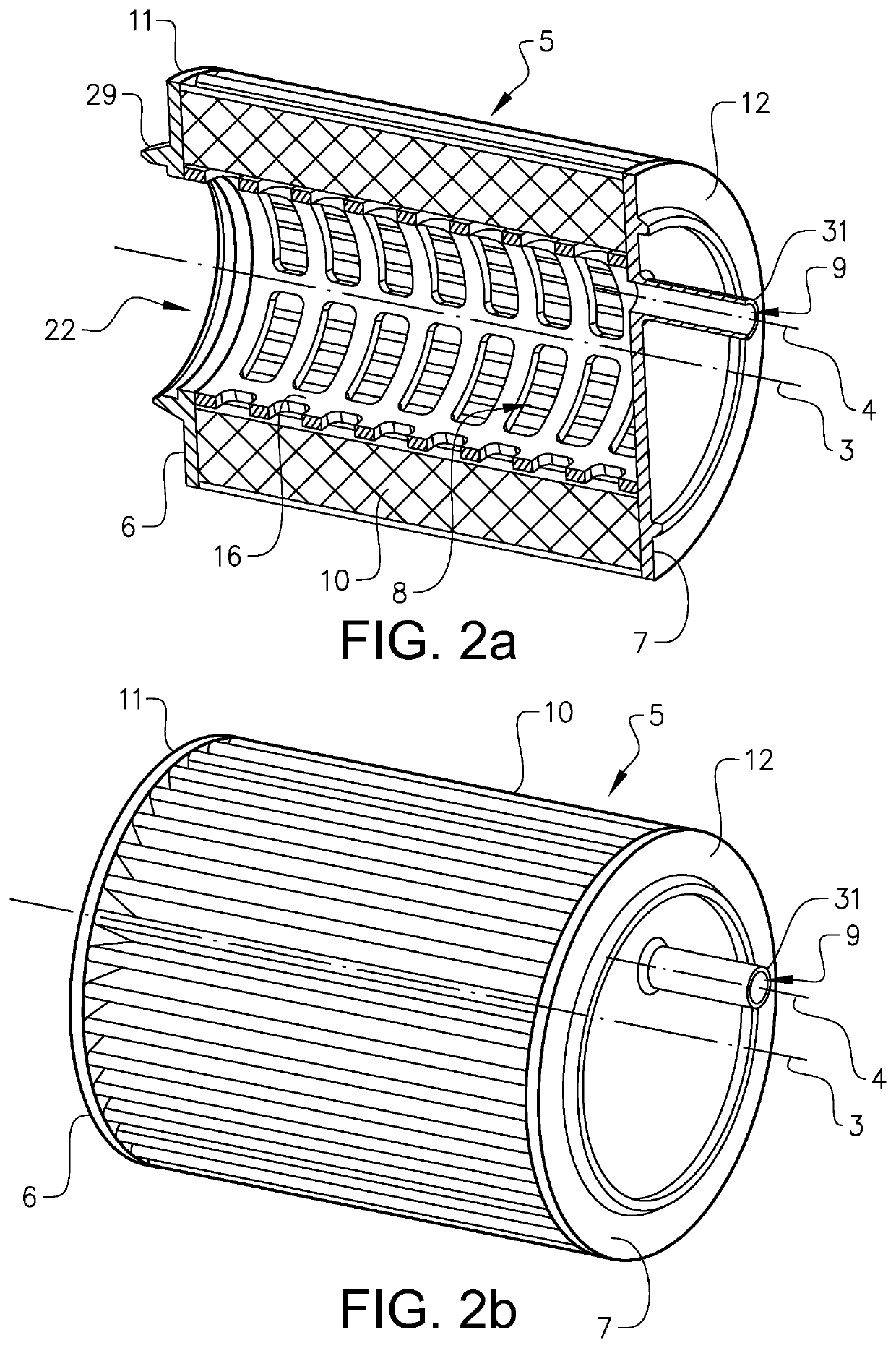 Filter element comprising two offset outlets in communication with filter inner space, as well| as corresponding housing