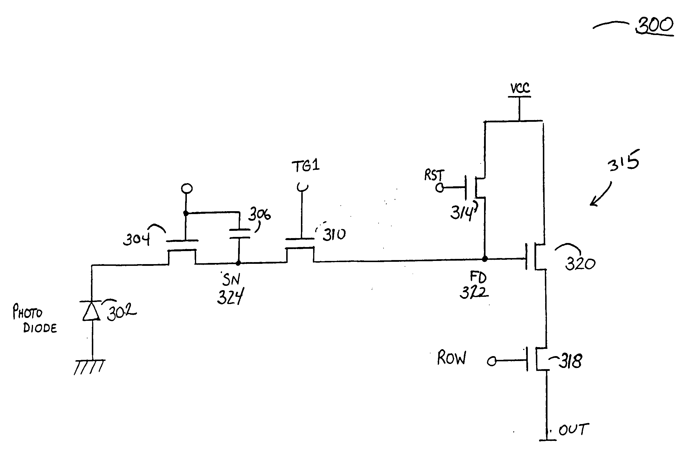 Image sensor with a capacitive storage node linked to transfer gate