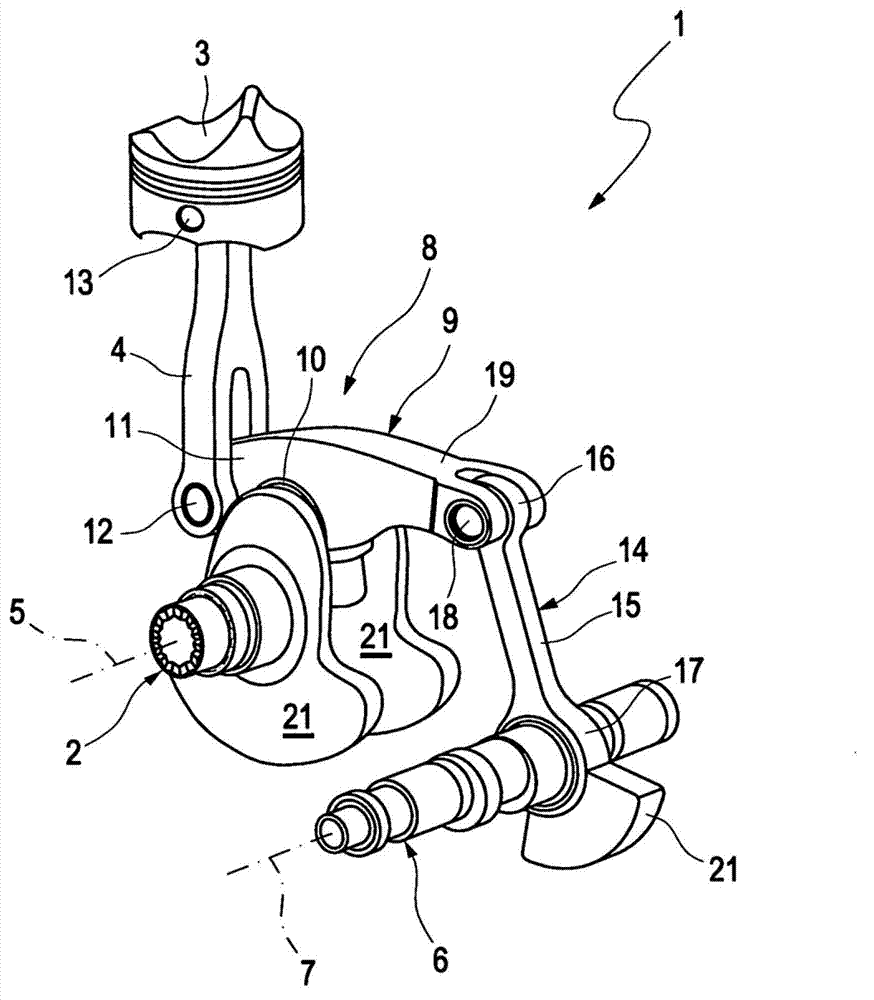 Internal combustion engine having a multi-joint crank drive and additional masses on articulated connecting rods of the multi-joint crank drive for damping free mass forces