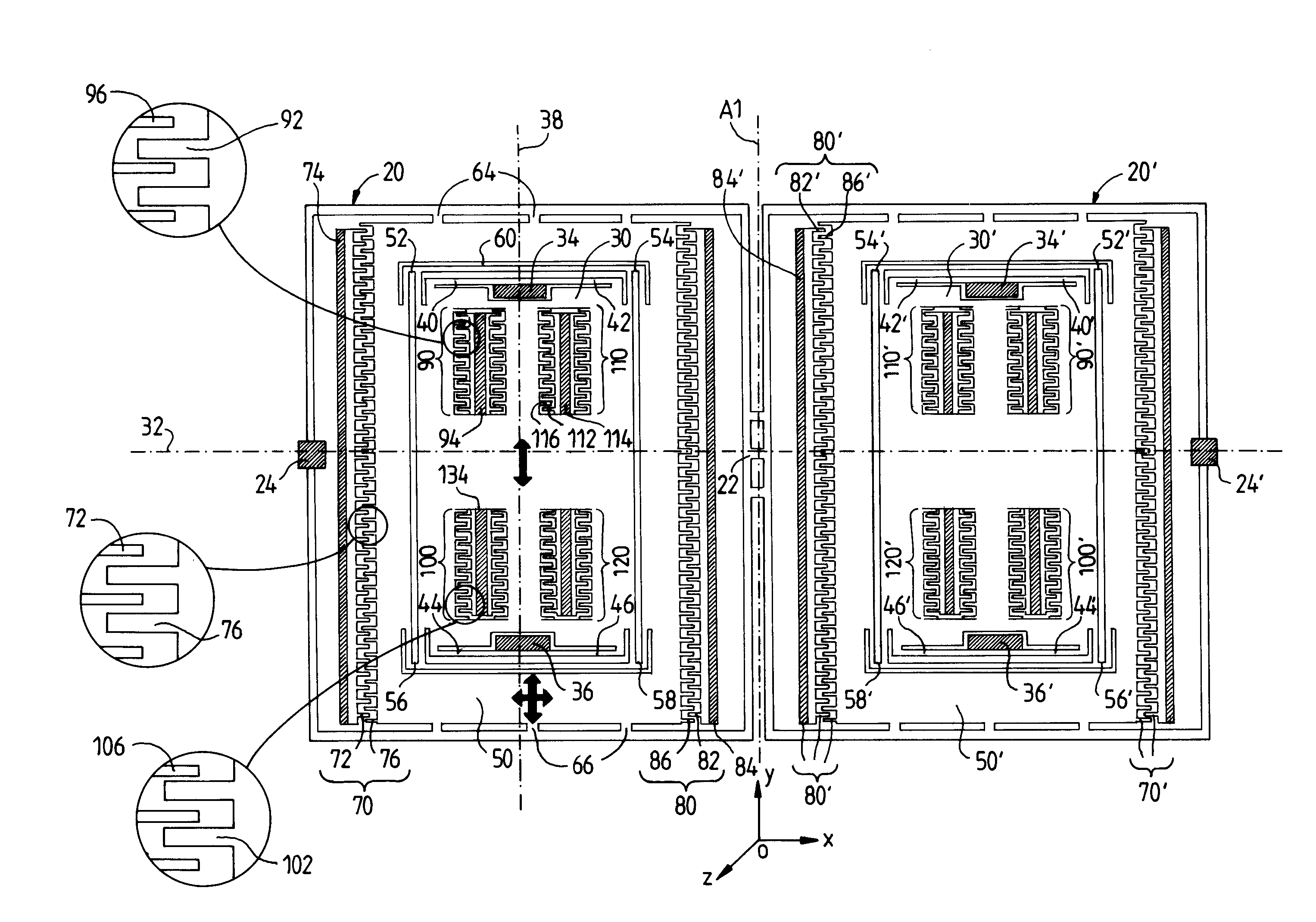 Micro-machined gyrometric sensor for differential measurement of the movement of vibrating masses