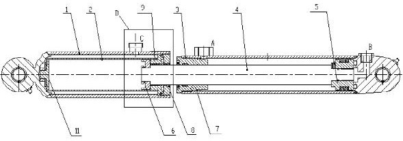 Double-acting cushioning cylinder with external load-absorbing sleeve construction