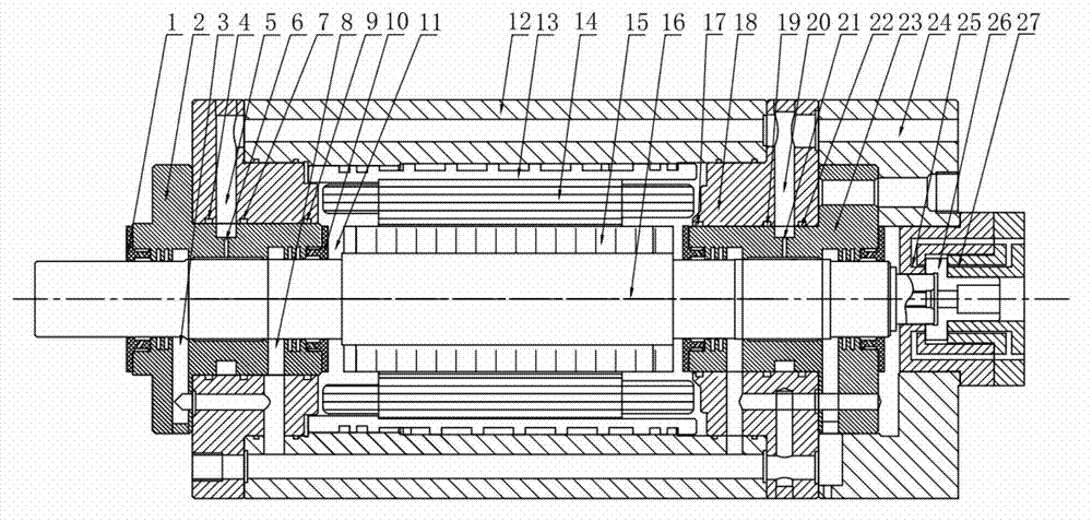 Motorized spindle device supported by high-speed hybrid bearings and lubricated by two phases of gas and liquid